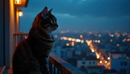 Tightrope Cat Walking On Balcony Edge Overlooking Nighttime City Skyline