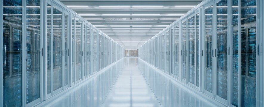 An endless perspective of a data center hallway, lined with server racks, bathed in cool lighting