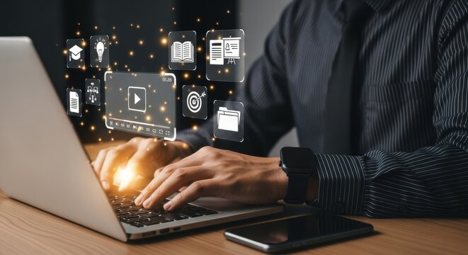 E-learning and online education concept with businessman joining internet lessons and webinars on digital screen, showcasing education technology, virtual learning, and professional knowledge growth.