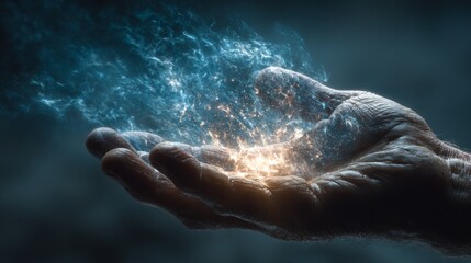 Fototapeta premium Human hand glowing with magical energy surrounded by sparks and blue light particles.