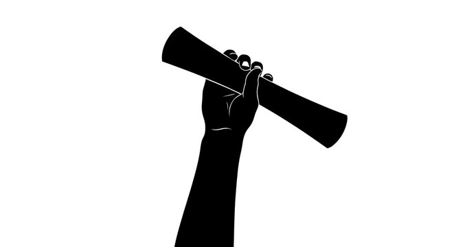Black silhouette of a raised hand holding a rolled-up diploma or certificate against a clean white background, symbolizing academic achievement, graduation, success, accomplishment, and formal recogni