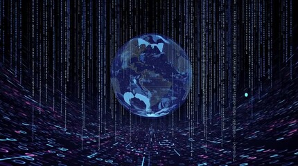 Digital globe surrounded by streaming data, representing global connectivity and innovation. - Powered by Adobe