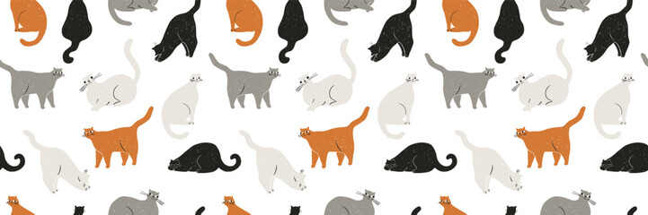 Seamless pattern witn elegant stylish cats in different poses. For print design, textile, fabric, wrapping paper, decoration. Vector repeating pattern with kitties. Simple silhouette print. 