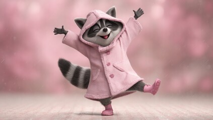 Fototapeta premium Animated raccoon joyfully dances in the rain, wearing a pink coat and boots