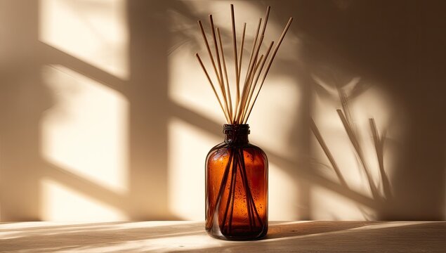 Amber glass bottle with reed diffuser sticks casting elongated shadows on a neutral surface