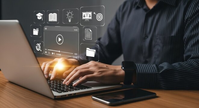 E-learning and online education concept with businessman joining internet lessons and webinars on digital screen, showcasing education technology, virtual learning, and professional knowledge growth.