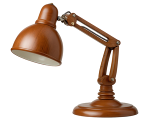 Classic brown wooden desk lamp, perfect reading light for study. This isolated table lamp accessory provides warm illumination for cozy home or office interior