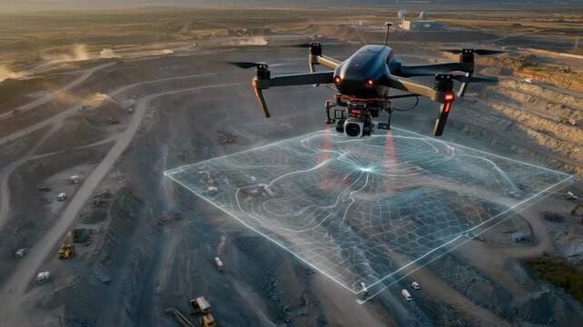Medium shot of a drone flying over a rugged mining site capturing detailed 3D mapping data with advanced sensors for precise terrain modeling and analysis.