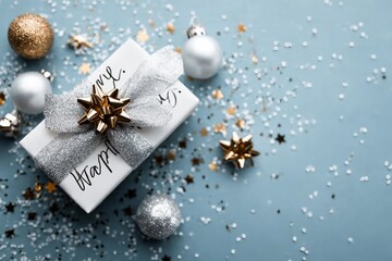Merry Christmas and Happy Holidays greeting card, frame, banner. New Year. Noel. Christmas white, silver and golden ornaments and gifts on blue background top view. Winter xmas holiday theme. Flat lay