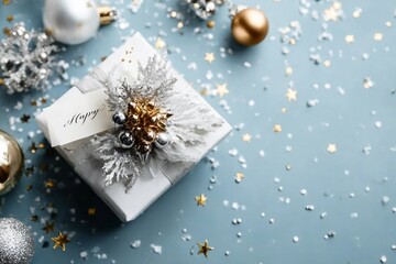 Merry Christmas and Happy Holidays greeting card, frame, banner. New Year. Noel. Christmas white, silver and golden ornaments and gifts on blue background top view. Winter xmas holiday theme. Flat lay