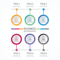 Colorful s shaped infographic with five numbered steps for business presentation and data visualization.
Modern infographic template with three colored steps connected to a central circular element on