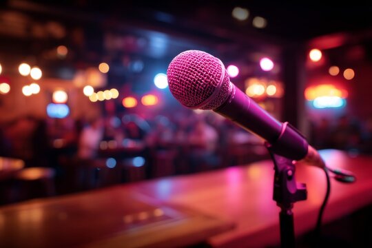 Close-up of microphone on stage in vibrant music venue with colorful lighting