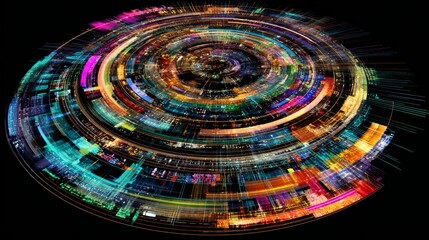 Futuristic digital tunnel with colorful radial motion blur effect on black background.