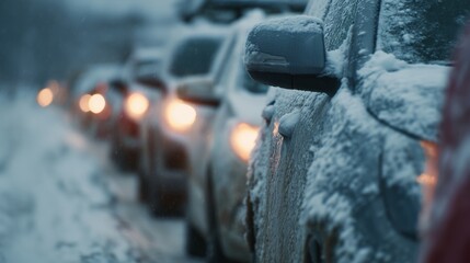 Close-up view of cars stuck in traffic during heavy snowfall. Vehicles covered with snow and ice move slowly on a dangerous winter road in bad weather conditions.