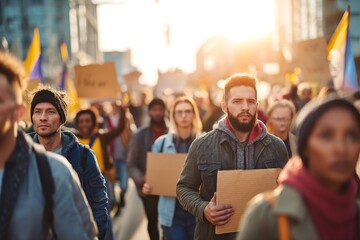 Peaceful protest in city street at sunset with diverse group of activists