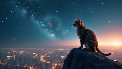 Brave Feline Standing Fearlessly On Balcony Against Magical Urban Lights