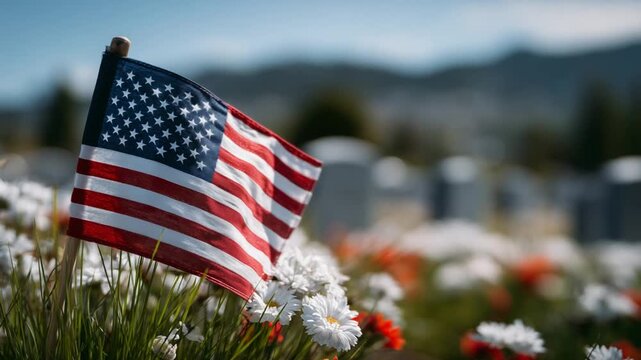 A poignant close-up of a folded flag by a headstone, capturing a personal moment of remembrance amidst gently swaying grass.