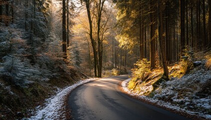Winding asphalt road through a lush forest with sunlit foliage during autumn season