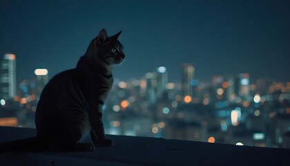Dreamy Cat Walking Across Balcony Fence Against Blue Urban Nightscape