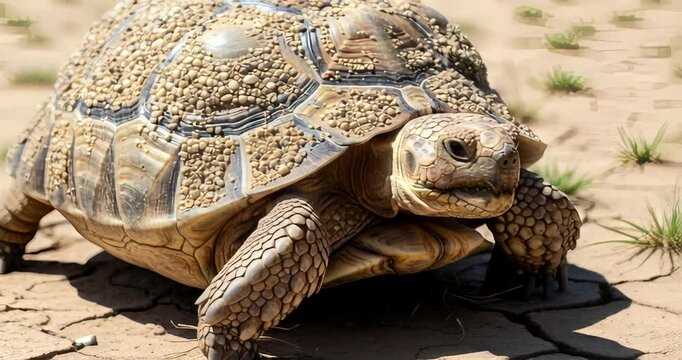 Close-up of a tortoise crawling on dry earth with sparse grass patches