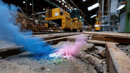 A captivating shot of colorful smoke bursting on a gritty industrial scene, enhancing the raw beauty and creativity found in urban landscapes and manufacturing spaces.