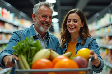 Older man and young woman pushing cart with groceries. Family shopping together. Happy people buying vegetables. Smiling partners in supermarket aisle.
