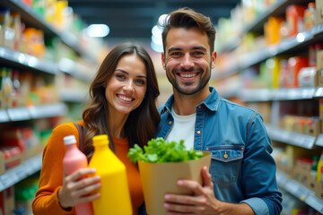 Smiling couple holding juice and vegetables. Happy partners with shopping bag. Grocery store couple lifestyle. Healthy shopping with fresh produce.