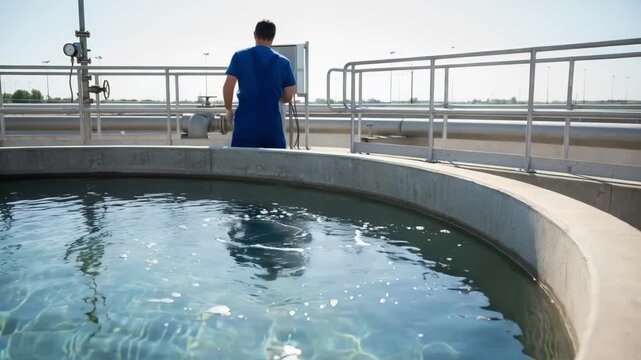 Medium shot of a worker adding chlorine tablets to a water reservoir for effective chlorination and pathogen control.