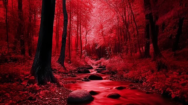 Crimson Forest Stream, Surreal Red Forest Landscape with Creek
