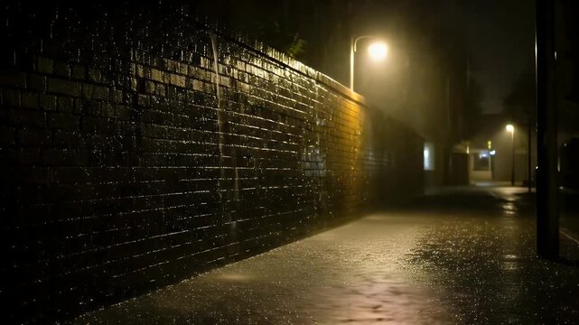 Eerie deserted city alleyway on a dark rainy night.