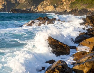 Obraz premium Foaming ocean waves crash on a rugged, rocky coast.