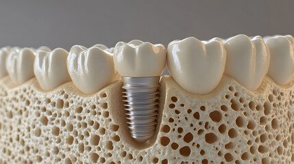 Close-up of a dental implant integrated into bone tissue, surrounded by healthy teeth.