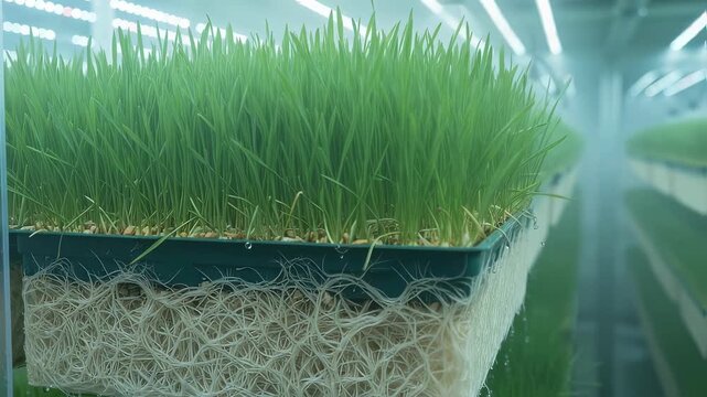 Close medium shot capturing wheat hydroponic fodder growth highlighting the dense root system and controlled humidity for sustainable poultry feed production.