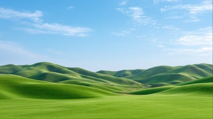 Obraz premium Expansive Green Hills Under Bright Blue Sky with Wispy Clouds Creating a Serene Natural Landscape