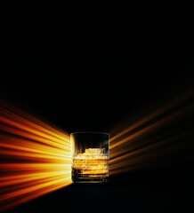 Elegant whiskey glass with ice in dramatic lighting