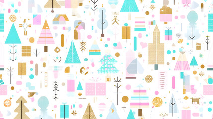Festive Abstract Christmas Pattern with Gold Teal and Pink Elements