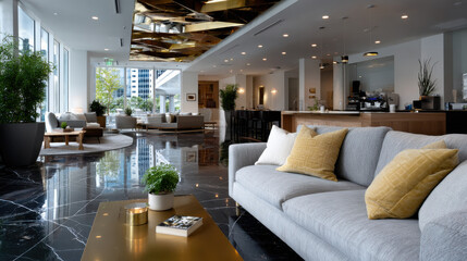 A beautifully designed modern lounge featuring plush seating, a polished dark floor, and warm lighting, creating an inviting atmosphere ideal for relaxation and socialization.