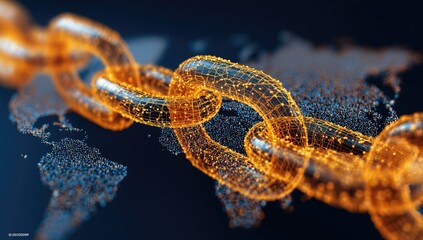 Abstract illustration of a glowing chain over a blurred world map, symbolizing connection and global networks