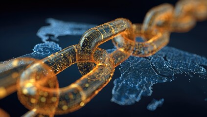 Illuminated, golden chain with digital details overlaying a blue-toned world map