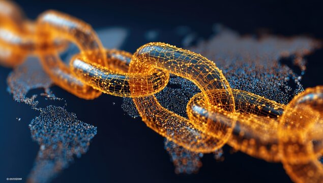 Abstract illustration of a glowing chain over a blurred world map, symbolizing connection and global networks