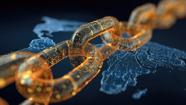 Illuminated, golden chain with digital details overlaying a blue-toned world map
