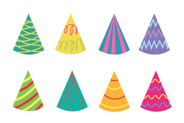 Birthday or celebration hat, stickers. Birthday party hat colorful cute design collection in white background vector illustration	