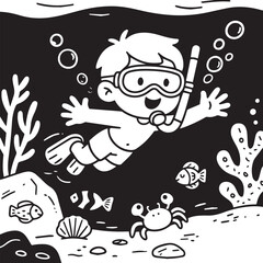  A black and white cartoon illustration of a happy boy swimming underwater with a snorkel and goggles on. 