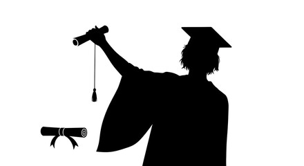 Minimalist black silhouette illustration of a triumphant graduate in a cap and gown proudly raising a rolled diploma in celebration, symbolizing academic achievement, educational success, and future o