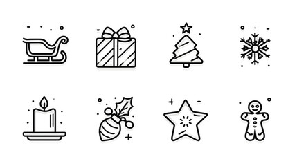 Festive Christmas Icons Sleigh Gift Tree Snowflake Candle Ornament Star Gingerbread Man
