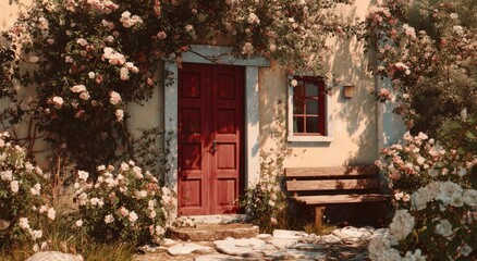 Fototapeta premium A charming cottage facade, engulfed in blooming roses, with a red door and small window