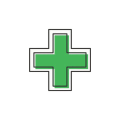Fototapeta premium A green medical cross icon with a thin outline style. Healthcare, pharmacy, and first aid plus symbol. Minimalist health support sign isolated on a white background.