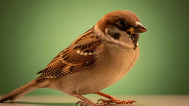 house sparrow standing against green background