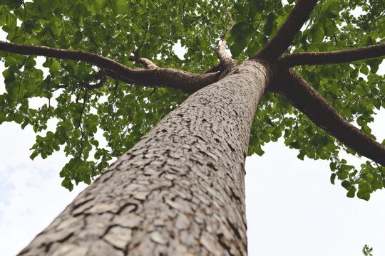 Low angle view of a large tree trunk and canopy