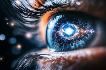 Detailed view of an eye reflecting a vibrant nebula